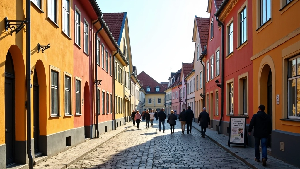 Klaipėdos senamiesčio gatve su tradicine Baltijos architektūra, spalvingais namais ir pėsčiaisiais